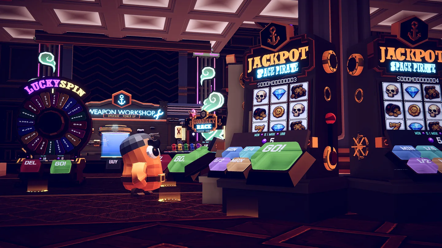 A space pirate choosing between casino machines in the neon-lit hub.