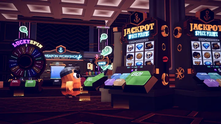 A space pirate choosing between casino machines in the neon-lit hub.