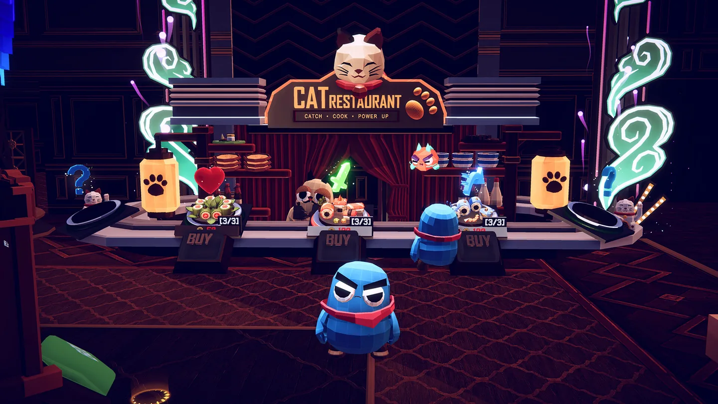 A space pirate visiting the Cat Restaurant to buy a meal upgrade.