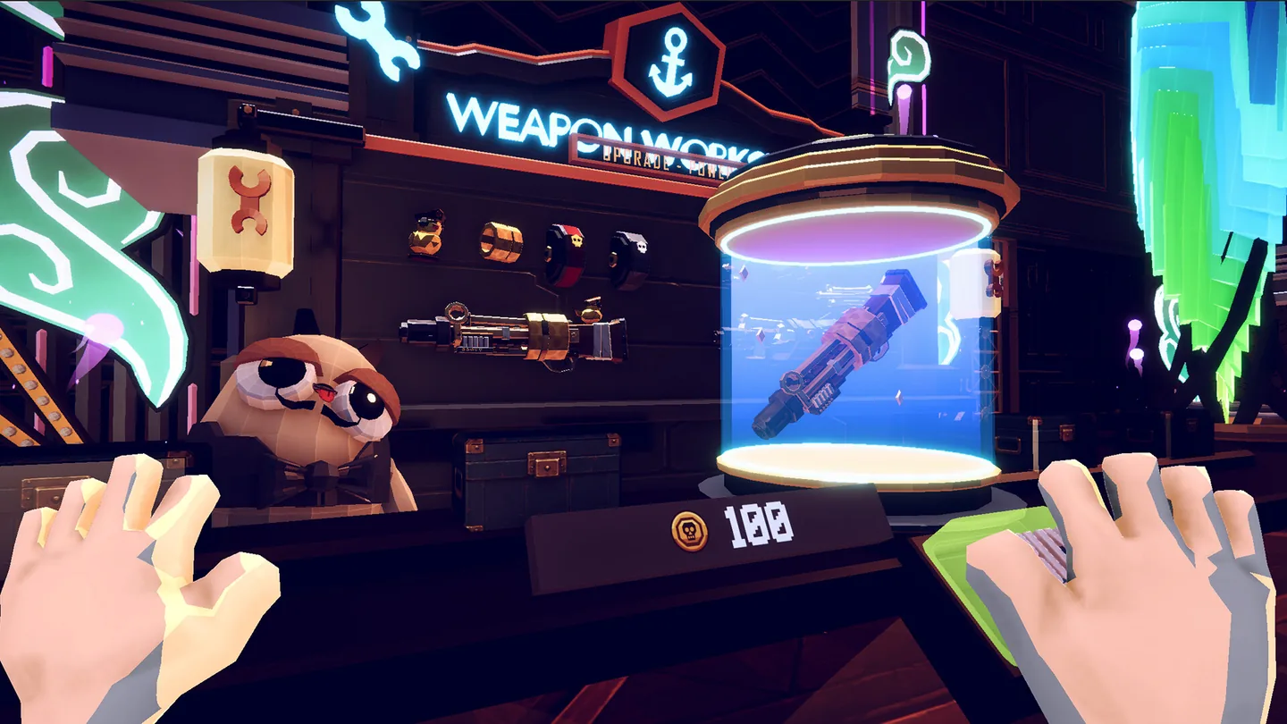 A first-person view of a machine gun displayed inside the weapon shop.