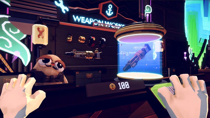 A first-person view of a machine gun displayed inside the weapon shop.