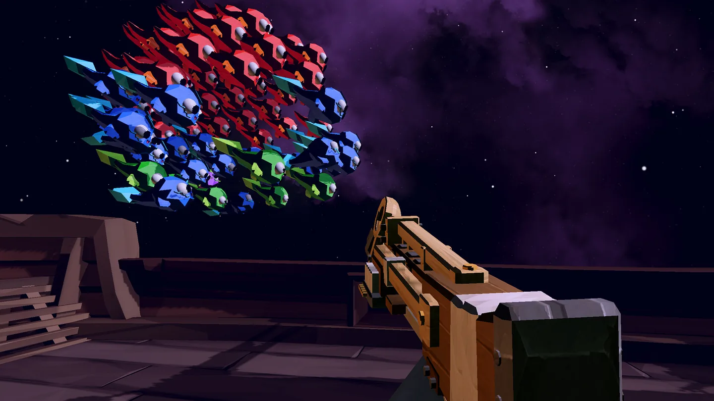 A machine gun tearing through a colorful monster horde.