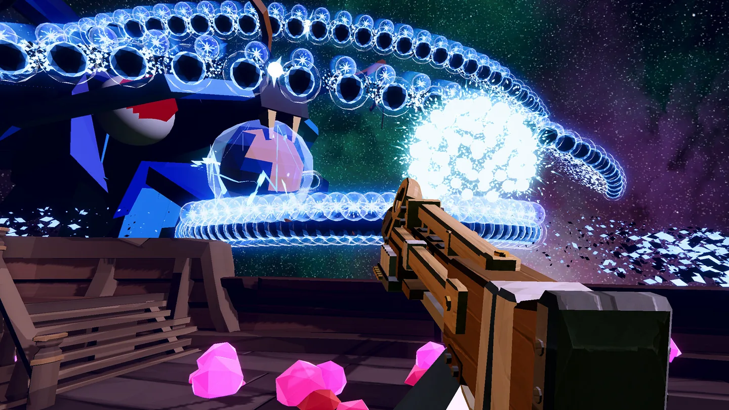 A giant space monster attacking through a storm of projectiles.